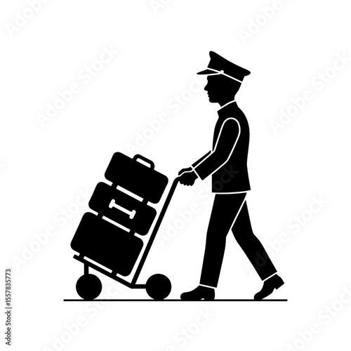 Airport porter pushing luggage cart with bags in silhouette style - Concept of Things to do in airport  