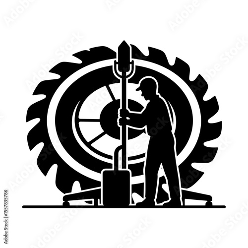 Man repairing agricultural machinery with a large tire in background  