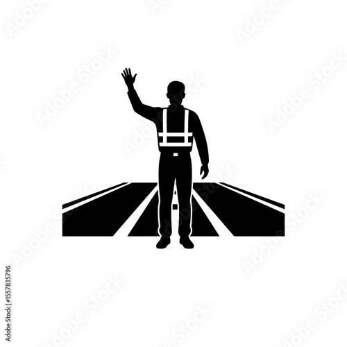Airport marshaller signaling with wands on runway background  