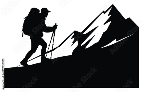 Silhouette Hiker Ascending Mountain with Poles and Backpack in Black and White Graphic