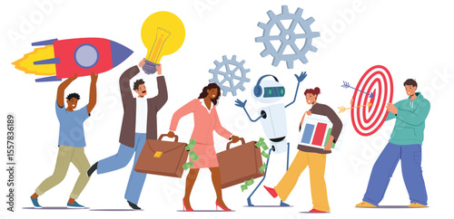 Businesspeople cartoon characters engaged in teamwork, business projects startup, AI collaboration