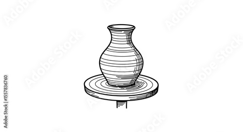 Pottery vase on wheel in outline style for crafting and design  potter's wheel