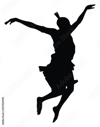 Silhouette of Dancer Leaping with Arms Extended, Barefoot, Short Fringed Dress, and Headband