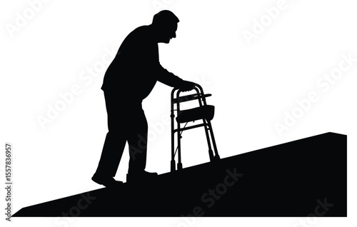 Silhouette of Elderly Man Using Walker for Assistance Walking Uphill on Pathway
