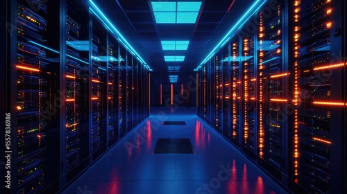 Futuristic server room with glowing blue and orange lights reflecting on the floor, ideal for cyber tech visuals, data infrastructure, and advanced digital systems