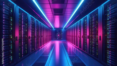 Ultramodern server room with vivid pink and blue lighting, glowing racks, and reflective surfaces, ideal for cyber data themes, futuristic networks, and cloud storage concepts