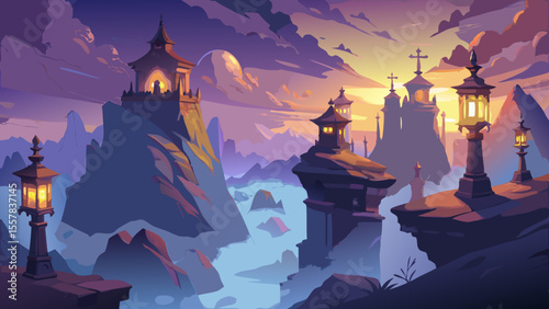 Monasteries perched atop stone pillars in cloudy twilight. Mist clings to cliffs, cross silhouettes against the sky, golden lamps glow faintly inside, silence and awe fill the air.

