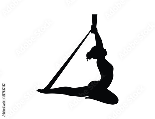 Woman in Black Silhouette Doing Aerial Yoga with Fabric on White Background
