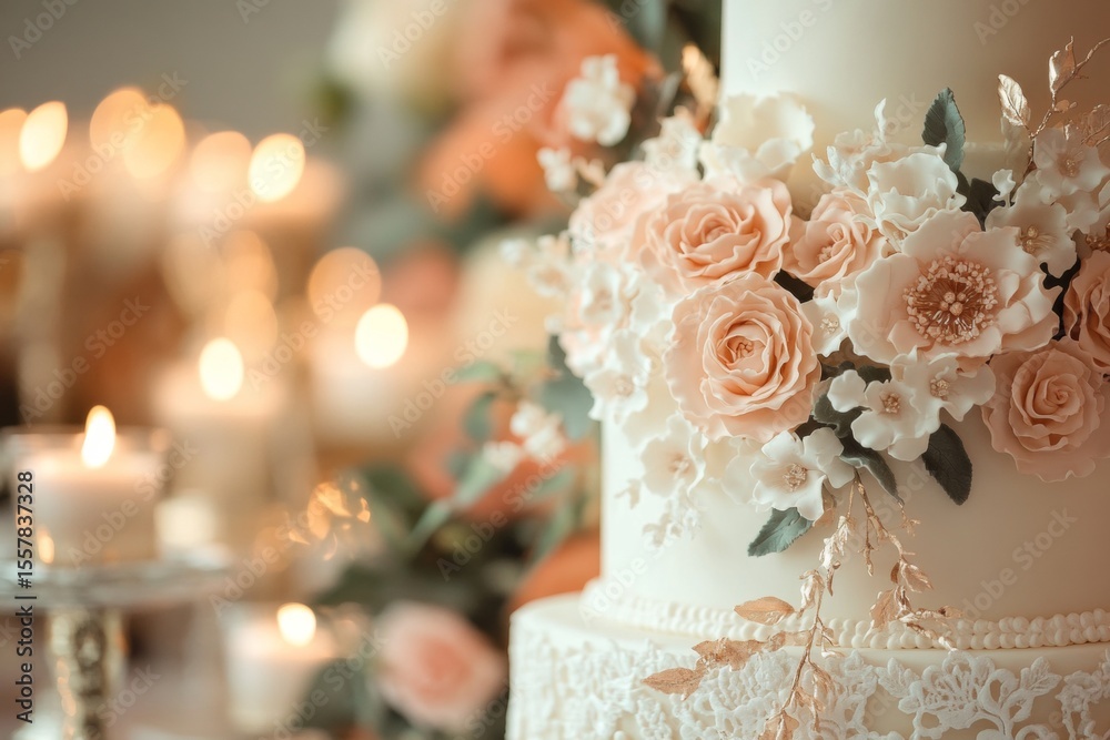Obraz premium Elegant Wedding Cake with Floral Decorations and Candlelight, Romantic Celebration Focus.