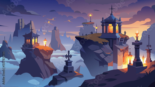 Monasteries perched atop stone pillars in cloudy twilight. Mist clings to cliffs, cross silhouettes against the sky, golden lamps glow faintly inside, silence and awe fill the air.

