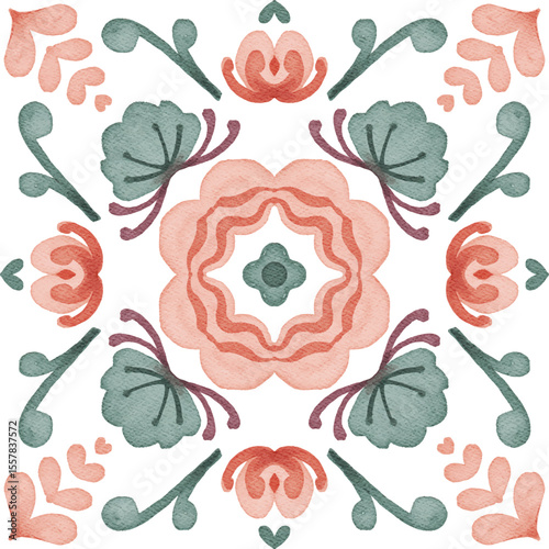 Watercolor decorative colorful ornament on isolated background. Symmetric seamless batik floral mandala tribal ethnic pattern for fabric textile card wallpaper