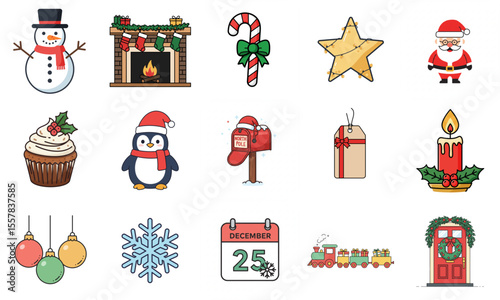 Christmas icon set with snowman, Santa, decorations, and gifts  