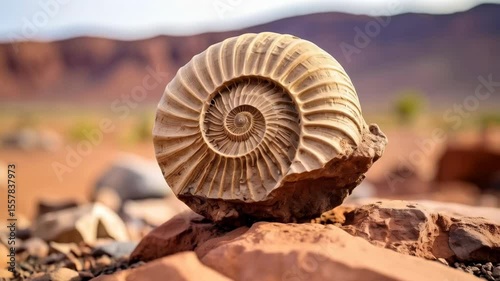 Fossilized spiral shell resting on desert rocks with a dry mountain range backdrop, showing ancient geological specimen.