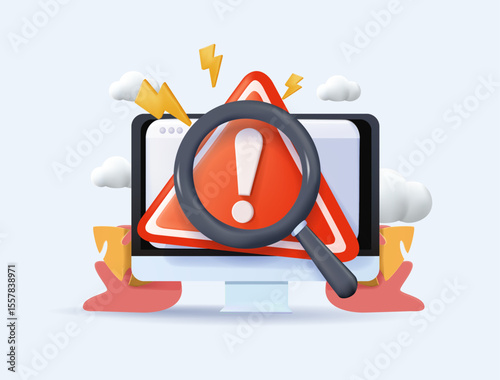 Incident management 3D render vector illustration. Root cause analysis or solving problem, identify risk or critical failure concept, magnifier monitor and investigate incident with exclamation