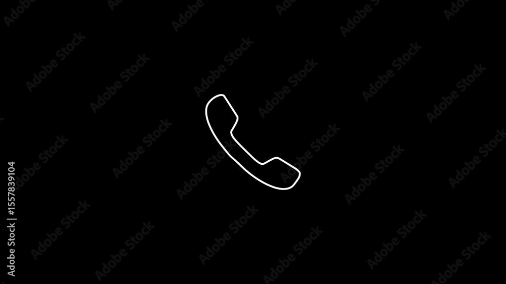 A minimal phone linear icon animates on a solid black background. The white or neon outline of a classic phone handset draws itself in smoothly with glowing edges. The icon vibrates slightly  pulses.
