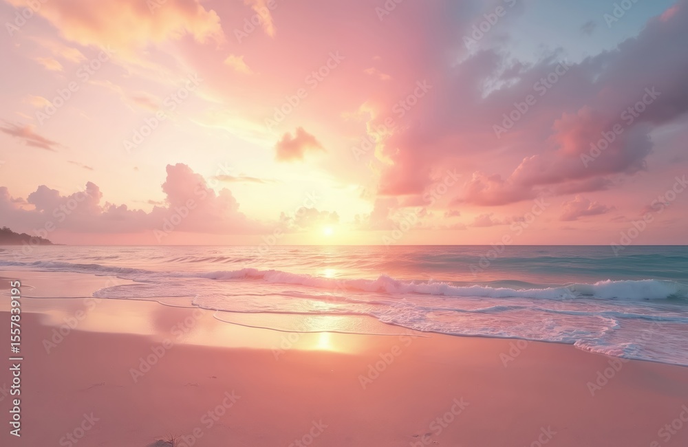 Fototapeta premium Soft pink sunset over ocean beach. Calm sea, gentle waves reach sandy shore. Sky clouds glow reflecting sunlight. Tropical paradise vacation, travel, nature background, dusk, evening, serene.