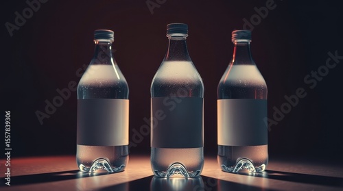Three Glass Bottles with Blank Labels on a Dark Wooden Surface