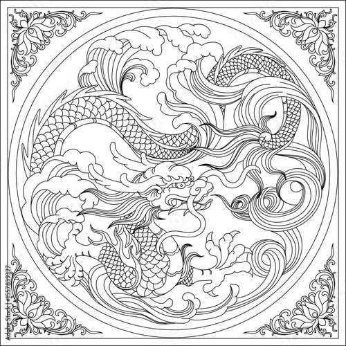 An intricate black and white vector illustration of two traditional Chinese or Asian dragons intertwined amidst stylized waves, enclosed within a circular frame. The corners are adorned with delicate 
