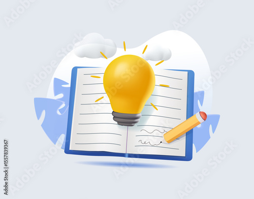 Knowledge or education 3D render vector illustration, study or learning new skill, creativity or idea, reading book
