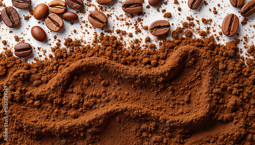 Ground coffee with coffee beans arranged on white surface  