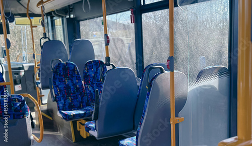 Photography modern city bus or bus with seats for the disabled, the elderly, dogs and mother