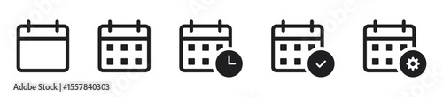 Flat calendar icon set with date, time, event, reminder symbols and checkmark icon. setting gear, and clock, ideal for scheduling, planning, task and time management