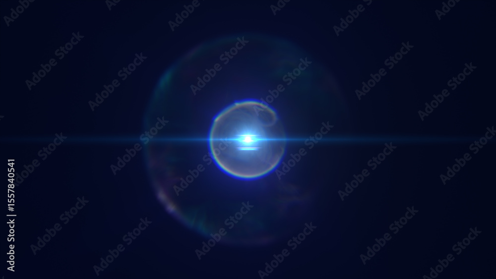 Obraz premium Bright energy sphere with sharp white core and glowing halo, emitting powerful lens flare across a dark cosmic backdrop