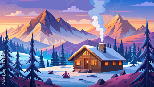 High mountain peaks covered in snow, wooden chalet with smoke rising from chimney. Fir trees below sway gently, soft sunset paints sky with lavender and gold gradients.