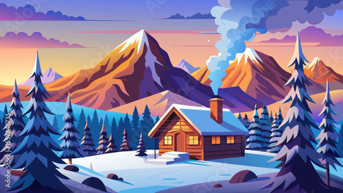High mountain peaks covered in snow, wooden chalet with smoke rising from chimney. Fir trees below sway gently, soft sunset paints sky with lavender and gold gradients.