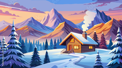 High mountain peaks covered in snow, wooden chalet with smoke rising from chimney. Fir trees below sway gently, soft sunset paints sky with lavender and gold gradients.