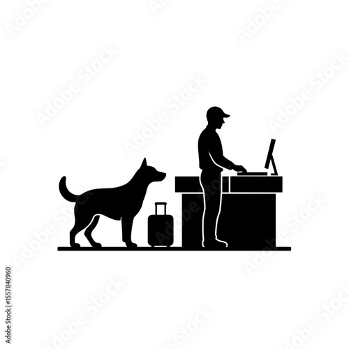 Man standing at passport control with dog and luggage at airport  