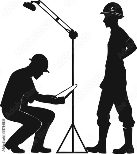 Construction Engineer, Worker Icon PNG, Editable Vector Illustration. Diverse Construction Worker Silhouettes: Teamwork, Technology, and Surveying.