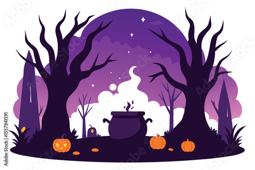 Spooky Halloween Night with Cauldron, Pumpkins, and Silhouetted Trees Under the Stars