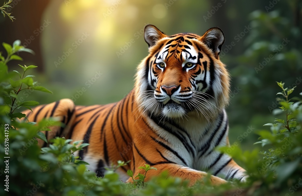 Fototapeta premium Close-up portrait of a majestic tiger lying in green jungle environment. Orange fur with black stripes. Wild cat predator in natural habitat. Bengal tiger. Beautiful big cat animal in the wild.