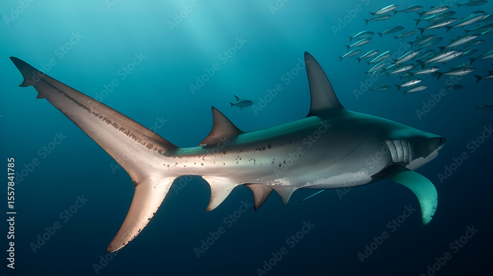 Fototapeta premium Shark in deep blue ocean, powerful predator. 
