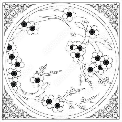 An elegant black and white vector illustration depicting a branch of plum blossoms (or cherry blossoms) with stylized flowers, enclosed within a circular frame. The corners are decorated with intricat