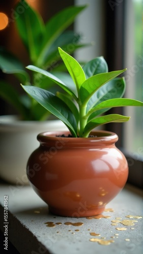 A healthy green houseplant sits in a brown ceramic pot by a sunlit window indoors.