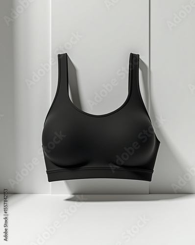 Sleek black athletic bra against a clean white backdrop.