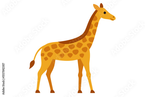 Cartoon vector illustration of a tall brown giraffe with cute spots standing isolated on a white background