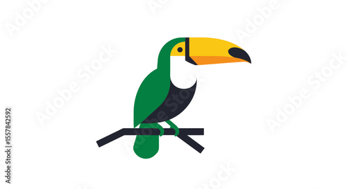 Illustration of a toucan perched on a branch with a distinct yellow beak and vibrant green plumage design