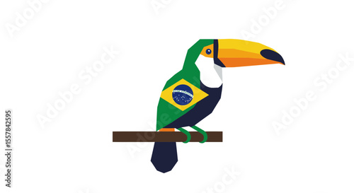 Illustration of a toucan with the brazilian flag on its body perched on a brown branch isolated