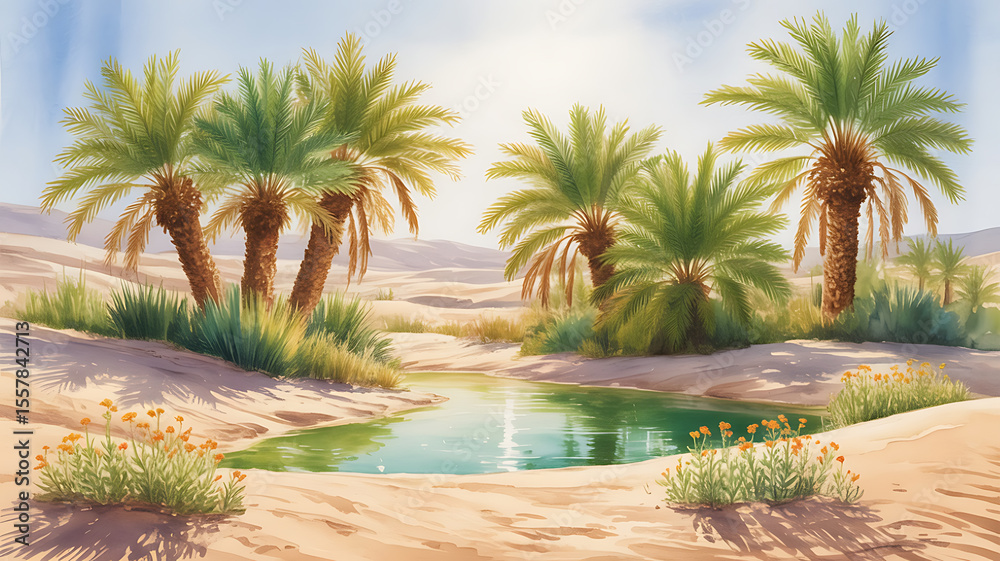 Fototapeta premium Oasis in the desert, palm trees, tranquil pool. 