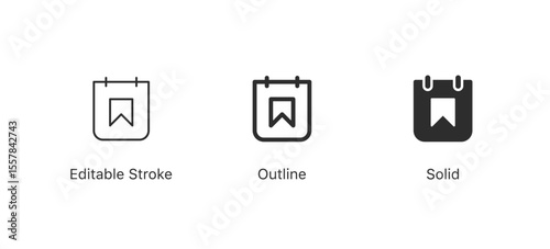 bookmark, save icons | for saving content, and creating lists or scheduling, event reminder, or planner interface | in editable stroke, outline, and solid styles