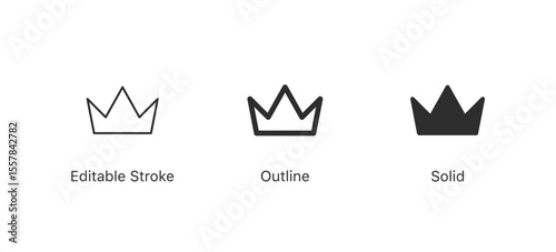 Set of crown icons. Black minimal vector royalty symbols | for king, queen, leadership, premium, success, luxury, and premium quality concepts | in editable stroke, outline, and solid styles