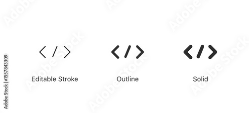 programming code icons. code tag icon symbol | code bracket icons for coding, development, or web design | in editable stroke, outline, and solid styles