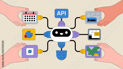 api robot hub connecting multiple applications held by developer hands, vector illustration of api integration, connecting services and a software ecosystem