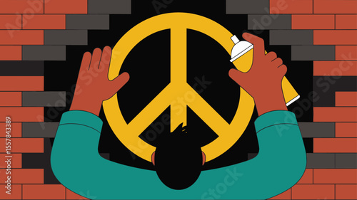 activist spray-painting a peace symbol on a brick wall, vector illustration of art as protest, creative resistance and social activism