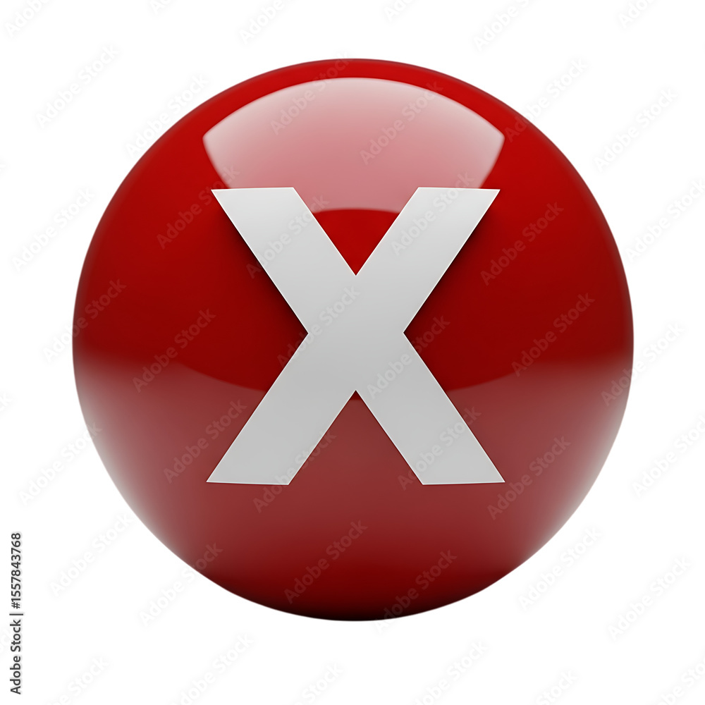 Obraz premium Glossy red sphere with white letter x isolated on transparent background