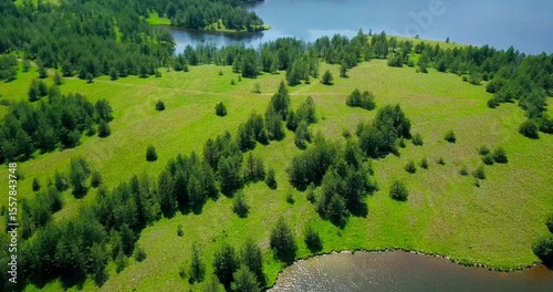 Aerial landscape picturesque lake forests and hills