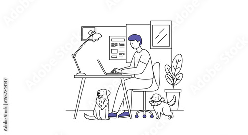 Man working on laptop at desk with dogs in home office setting  